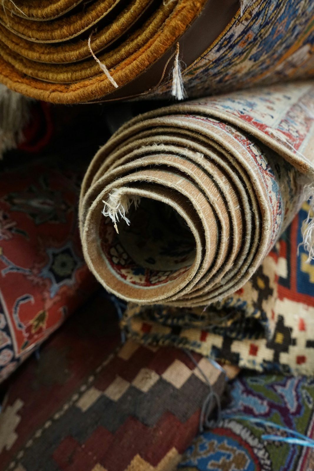 Hand-knotted rugs rolled, showing weave and foundation
